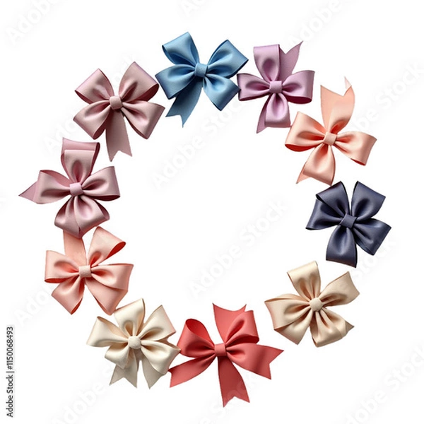 Fototapeta A colorful array of fabric hair bows in shades of blue, pink, red, beige, and purple with black