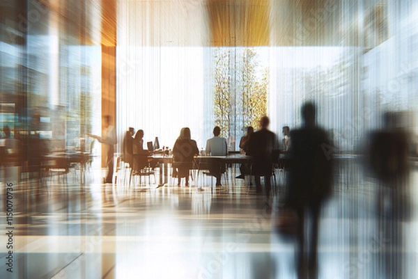 Fototapeta Blur office meeting blurred background with business people working group in boardroom discussion for teamwork brainstorming, executive seminar or professional training in small startup enterprise

