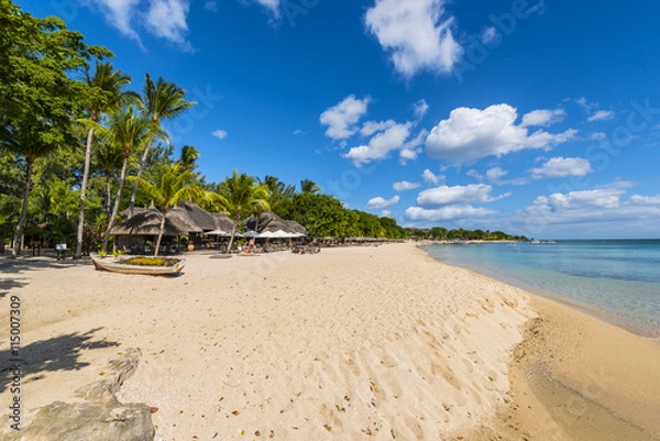 Fototapeta Mauritius beach umbrellas, thatch. Tropical Mauritius island water & beach resort, Turtle Bay - Balaclava
