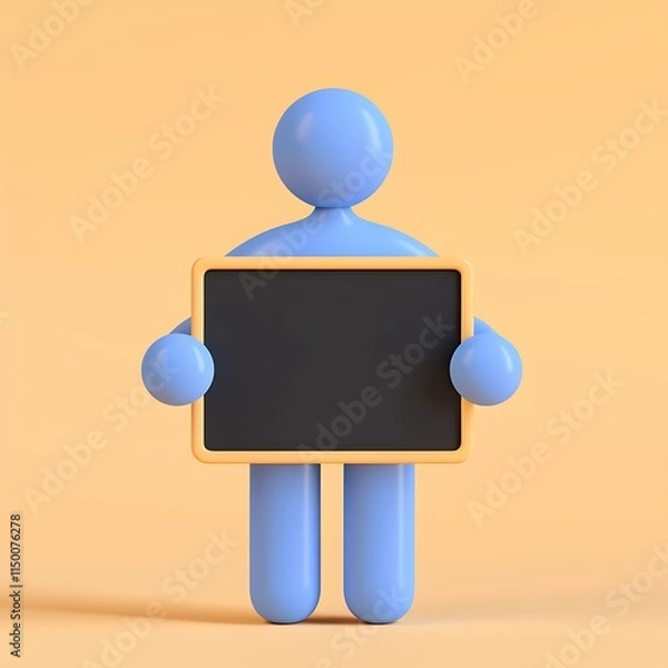 Obraz Blue 3D Character Holding Chalkboard Sign on Yellow Background