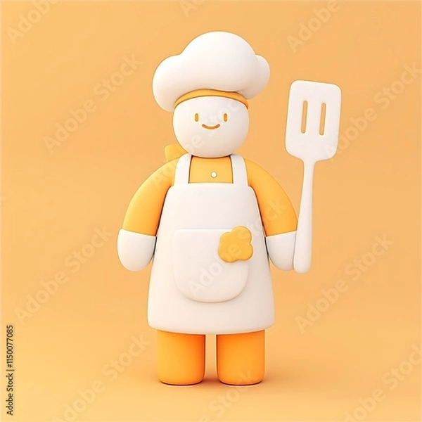 Obraz Cheerful Cartoon Chef Character Holding Spatula on Orange Background