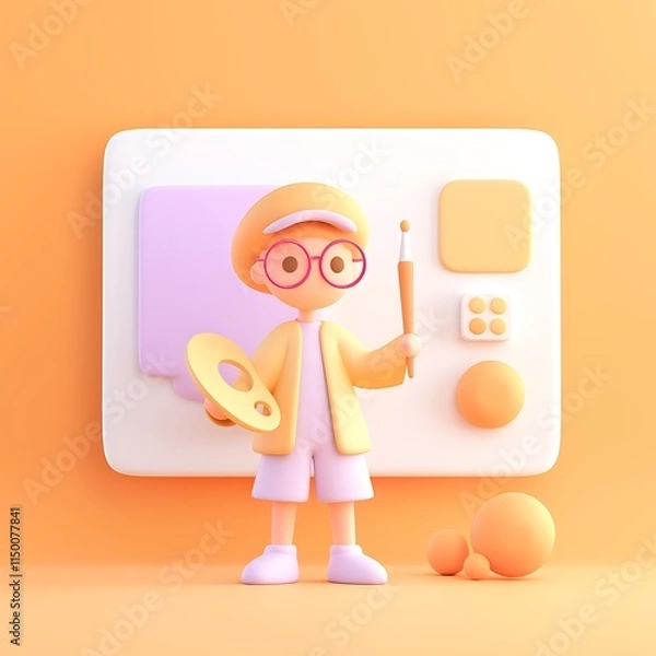Obraz Cute Cartoon Character with Paint Palette and Art Supplies in Orange