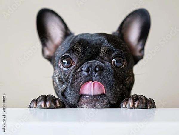 Fototapeta A curious black French Bulldog peeks over a surface, playfully sticking out its tongue.