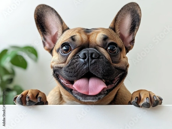 Fototapeta A cheerful French Bulldog peeks over a surface, showcasing its playful personality and expressive features in a bright indoor setting.