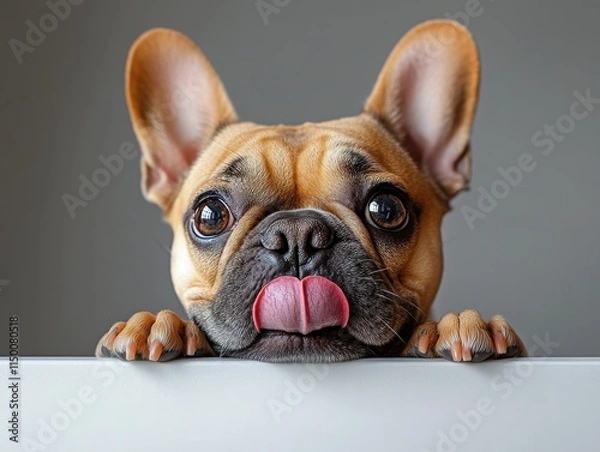 Fototapeta A cute French Bulldog with big eyes and a playful expression, sticking out its tongue while peering over a surface.
