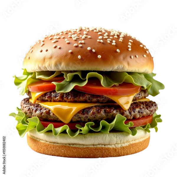 Fototapeta The ultimate cheeseburger with fresh lettuce, tomato, and sesame seeds on a bun