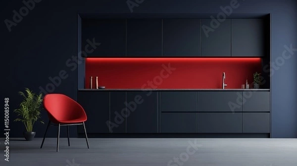 Obraz Modern minimalist kitchen with black cabinets and red accent lighting