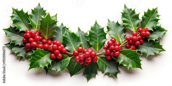 Obraz A festive arrangement of holly sprigs with vibrant red berries, showcasing the classic symbol of the holiday season