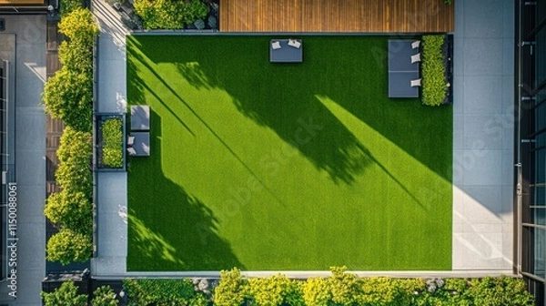 Fototapeta Aerial view of rooftop garden with artificial turf, modern furniture, and surrounding greenery.