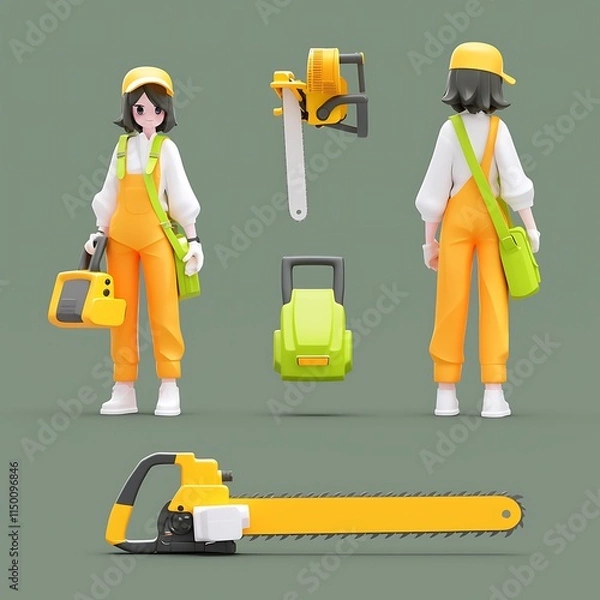 Obraz Cartoon Female Worker with Chainsaw and Equipment in Colorful Outfit