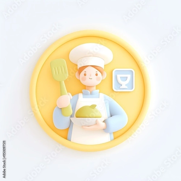 Obraz Cheerful Cartoon Chef Holding Plate with Delicious Food and Spatula