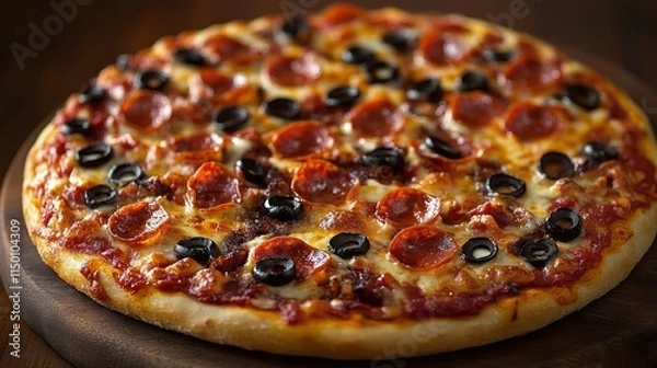 Fototapeta Freshly baked pepperoni pizza on pink table ready to serve at a casual dining setting