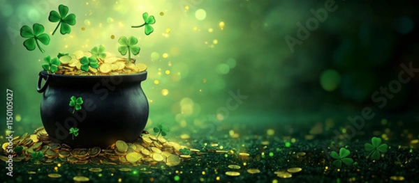 Obraz A magical St. Patrick's Day pot cauldron overflowing with shiny gold coins and clovers. Green gradient background, place for text, copy space, horizontal