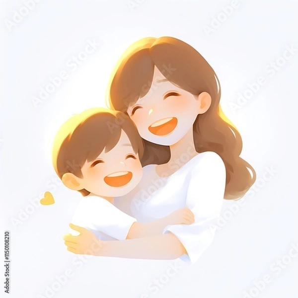 Obraz Joyful Mother Embracing Child in Bright Cartoon Style Illustration
