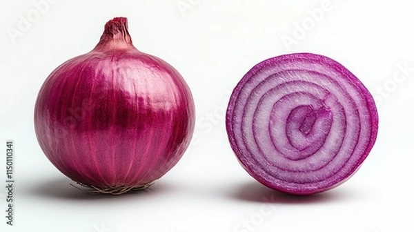 Fototapeta Whole and halved red onion on white background.