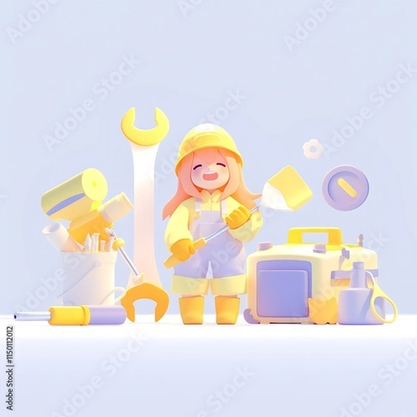 Obraz Cute Cartoon Female Builder with Tools and Equipment in Pastel Colors