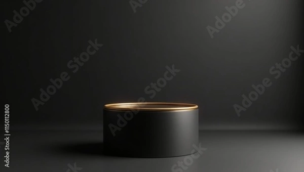 Fototapeta cylindrical podium with a matte black finish, a shiny gold rim, set against a gradient background transitioning from deep black to dark charcoal gray