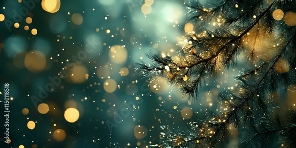 Fototapeta Magical Winter Night Glimmering Pine Branches Festive Lights Sparkling Bokeh Background