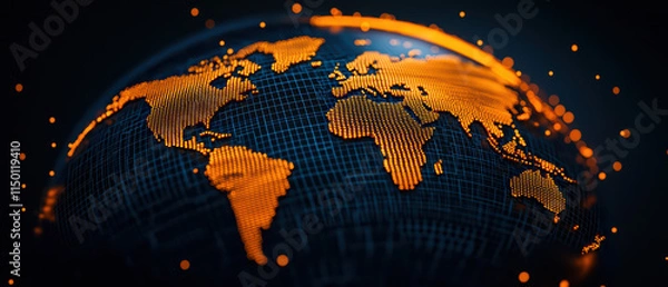 Fototapeta close up of holographic world map with glowing orange dots, showcasing global connections and data visualization