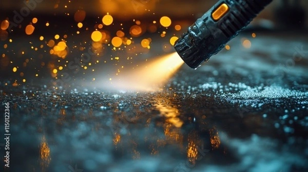 Fototapeta A close-up shot of a flashlight illuminating a surface, creating a misty effect with sparkling lights in the background.