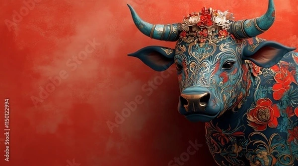 Fototapeta A vibrant blue and floral-painted bull against a red background, showcasing intricate designs and artistic expression.
