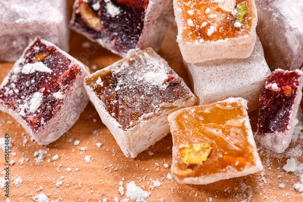 Fototapeta Sweet food Turkish delight, assorted rahat locum in form of cubes with nuts and powdered sugar, traditional food