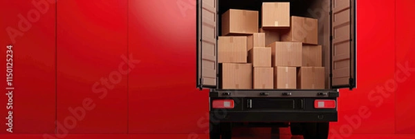 Obraz A delivery truck stands with its doors open, revealing several cardboard boxes stacked inside. The backdrop features a vibrant red wall, creating a striking contrast.
