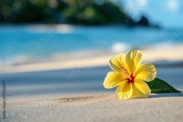 Obraz Bright yellow hibiscus flower lying on soft sandy beach turquoise ocean