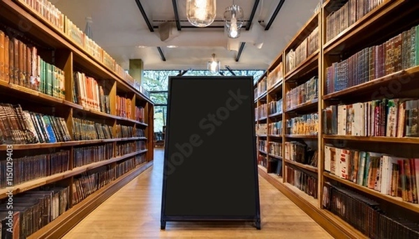 Obraz Generated image A blank black signage board stands out in a warmly lit bookstore filled with book-lined shelves
