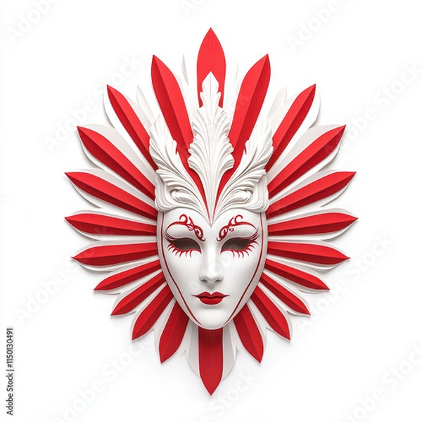 Fototapeta striking paper art piece featuring white and red mask with intricate details, showcasing unique design