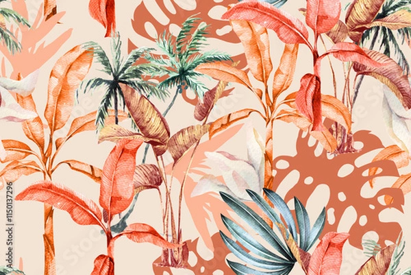 Obraz Seamless pattern of tropical plant,palm and flowers painted in watercolor.For fabric luxurious and wallpaper, vintage style.Botanical floral pattern.Tropical background.