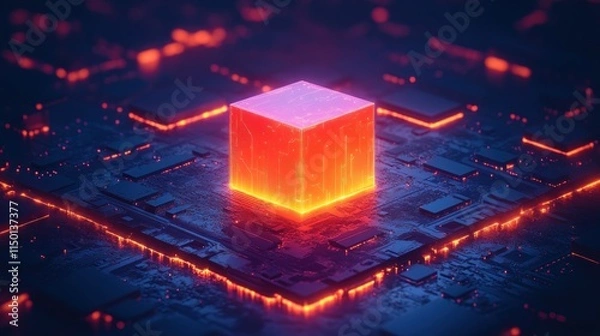 Fototapeta Glowing cube on circuit board.