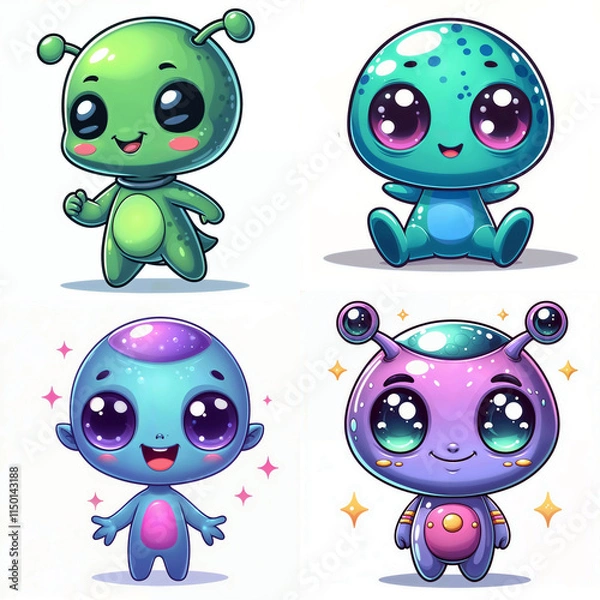 Obraz Cute alien characters with vibrant colors and playful expressions in a cartoon style