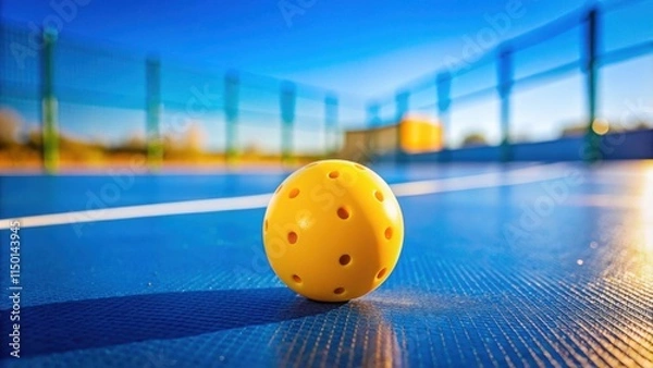Fototapeta A single yellow pickleball resting on a blue court with a white line and a blurred background of a fence and the setting sun