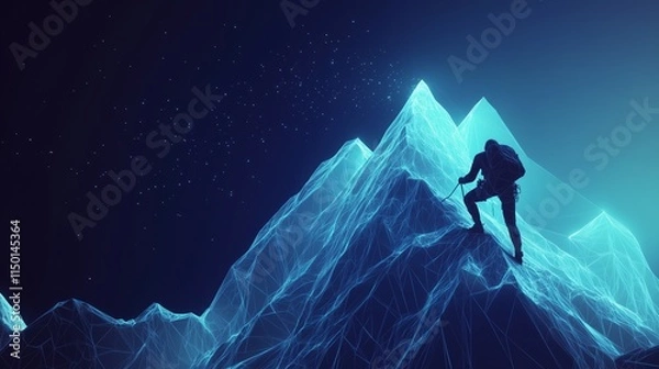 Fototapeta Reaching the Summit of a Low-Poly Mountain with Glowing Wireframe Peaks, Dark Blue Backdrop Reflecting Achievement and Challenge.