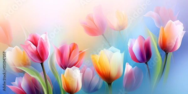 Fototapeta A Delightful Watercolor Tulip Background in Pastel Shades with Soft Focus and Vibrant Colors.
