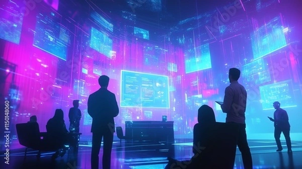 Fototapeta Young Entrepreneur Presenting a Glowing Digital Startup Pitch in a Modern Office, Holographic Slides in Vibrant Blue and Purple, Engaged Diverse Audience.