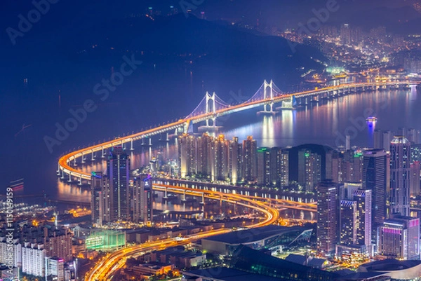 Obraz Busan city and skyscrapers in Haeundae district and Gwangan Bridge, Busan South Korea.