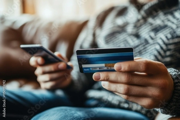 Fototapeta Man Enjoying Smartphone Use While Holding Credit Card