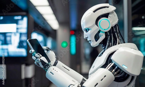 Fototapeta Robots and people in everyday life,Mobile communication,The concept of future technology