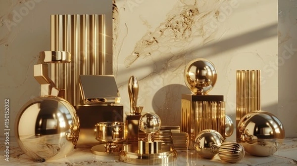 Fototapeta An artistic arrangement of golden objects, with sleek and modern designs,