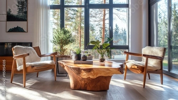 Obraz Rustic live edge table and wooden armchairs against of windows. Scandinavian interior design of modern living room.