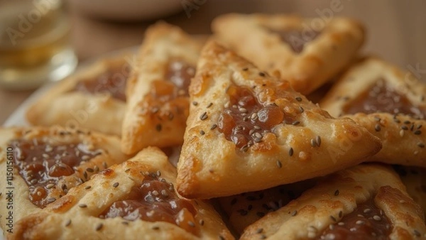 Fototapeta Close-up of triangular pastries with sesame seeds and filling.