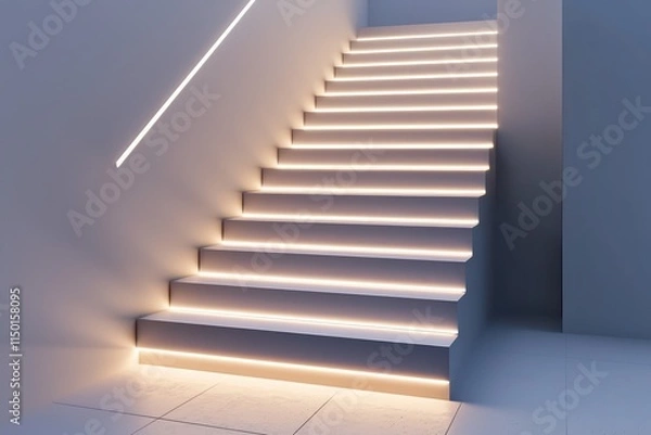 Obraz A modern home staircase illuminated by cool white LED strips running along the steps, casting