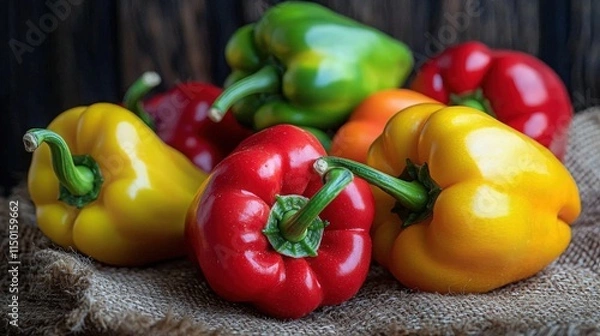 Obraz Colorful bell peppers arranged on burlap with a rustic wooden background