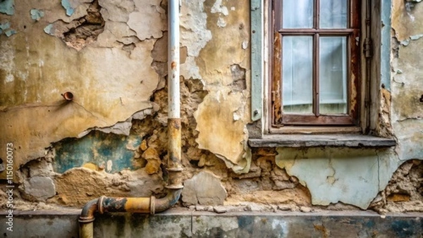 Fototapeta A weathered brick wall with peeling paint and a window frame, featuring an old pipe running along its side, showcasing the passage of time and the resilience of weathered structures.