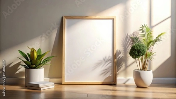 Fototapeta Sunlight illuminates a minimalist room featuring a blank poster frame, potted plants, and a stack of books