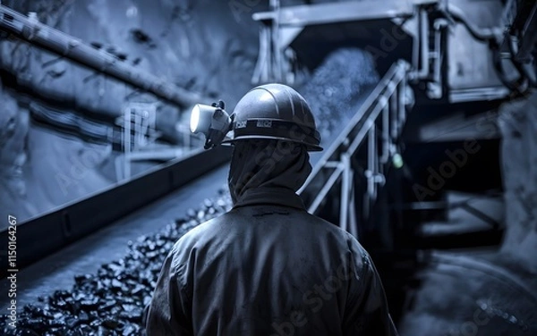 Fototapeta A photo of a coal miner standing near a conveyor belt with their back turned