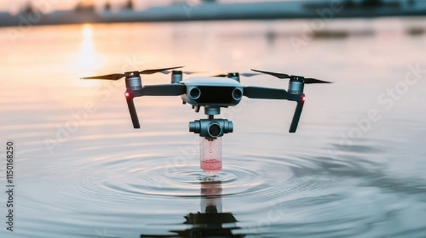Fototapeta AI Concept Water Resource Management Technology. A drone hovers just above the water's surface, creating ripples as the sun sets in the background, capturing a moment of technology in nature.