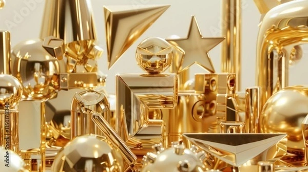 Fototapeta A creative display of gold symbols, with shiny golden objects forming iconic shapes,